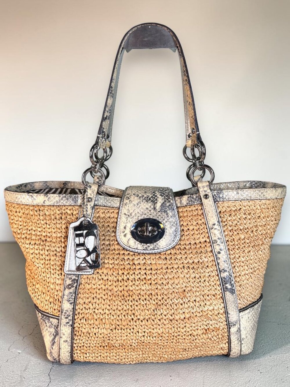 Coach Straw Tote with Metallic Silver Trim